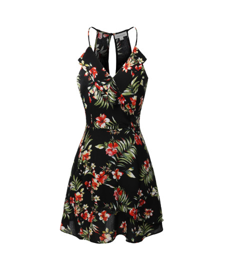 Women's Floral Print Sleeveless V-Neck Ruffle Front Mini Dress