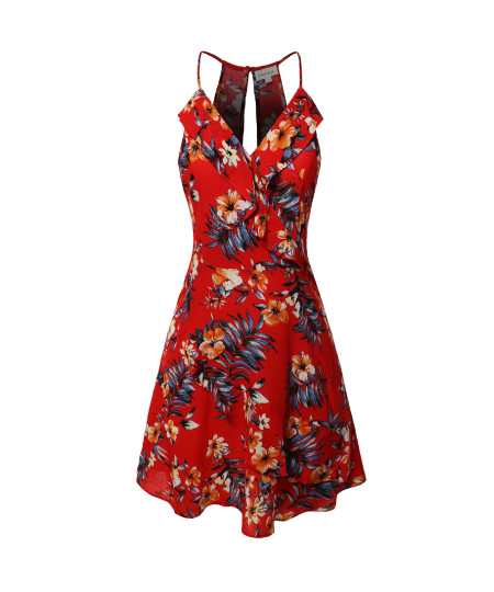 Women's Floral Print Sleeveless V-Neck Ruffle Front Mini Dress