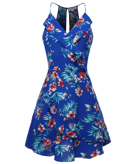 Women's Floral Print Sleeveless V-Neck Ruffle Front Mini Dress