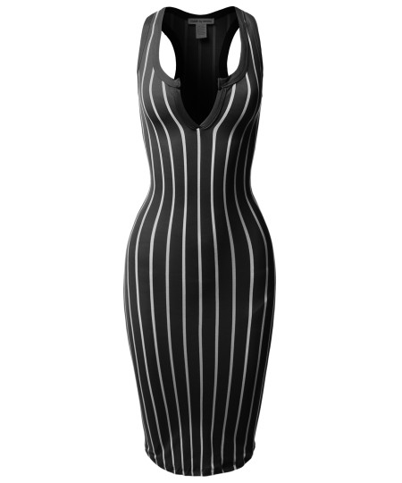 Women's Pinstripe Sleeveless Open V-Neck Racer-Back Body-Con Midi Dress