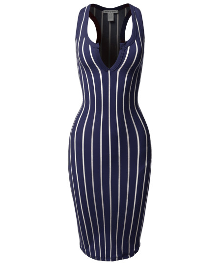 Women's Pinstripe Sleeveless Open V-Neck Racer-Back Body-Con Midi Dress