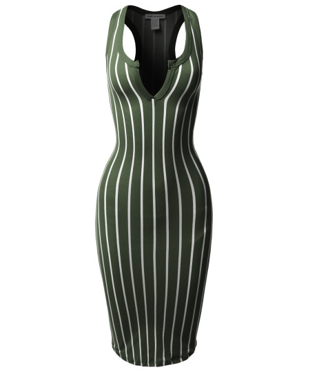 Women's Pinstripe Sleeveless Open V-Neck Racer-Back Body-Con Midi Dress