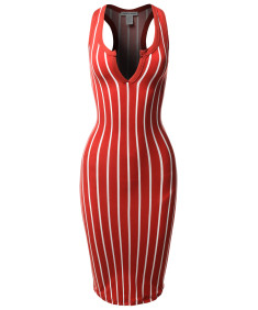 Women's Pinstripe Sleeveless Open V-Neck Racer-Back Body-Con Midi Dress