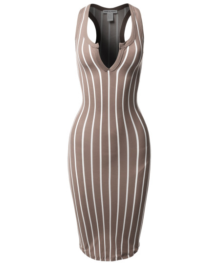 Women's Pinstripe Sleeveless Open V-Neck Racer-Back Body-Con Midi Dress