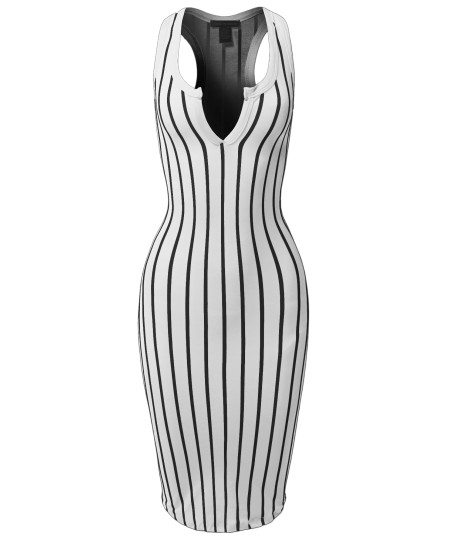 Women's Pinstripe Sleeveless Open V-Neck Racer-Back Body-Con Midi Dress