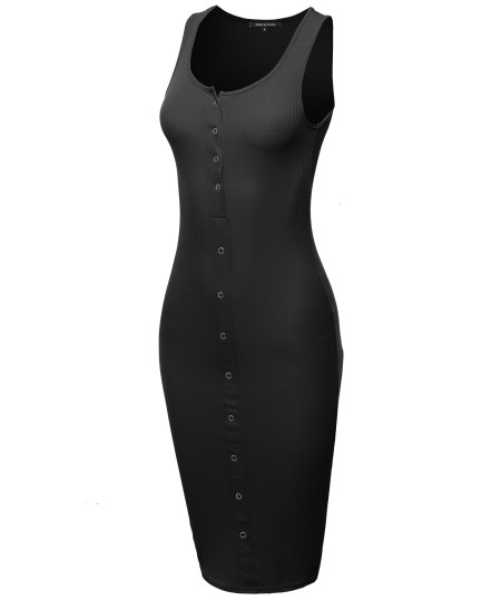Women's Solid Sleeveless Ribbed Snap Button Body-Con Midi Dress