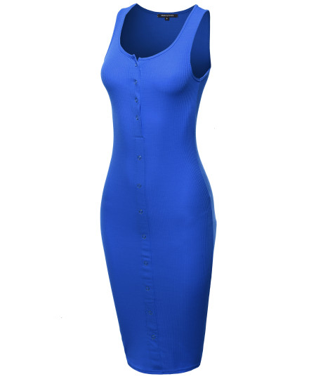 Women's Solid Sleeveless Ribbed Snap Button Body-Con Midi Dress