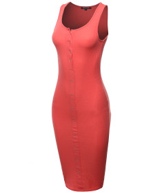 Women's Solid Sleeveless Ribbed Snap Button Body-Con Midi Dress