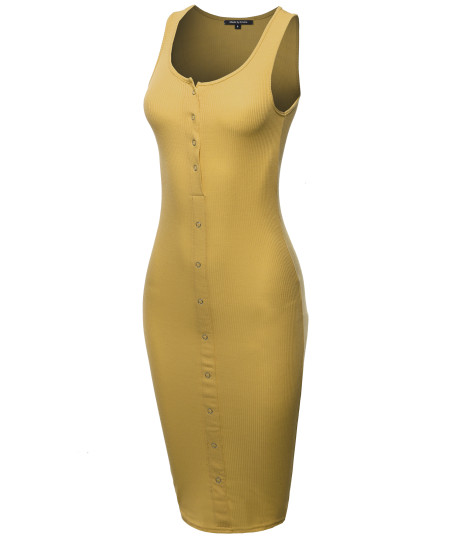 Women's Solid Sleeveless Ribbed Snap Button Body-Con Midi Dress