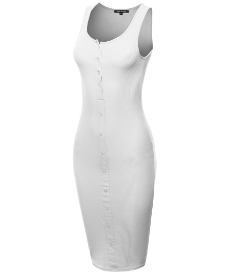 Women's Solid Sleeveless Ribbed Snap Button Body-Con Midi Dress