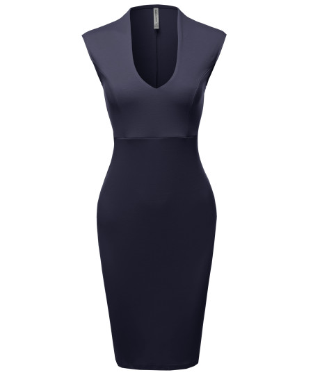 Women's Elegant Solid Scoop Necked Slit in Back For a Chic Finish Pencil Midi Dress