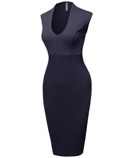 Women's Elegant Solid Scoop Necked Slit in Back For a Chic Finish Pencil Midi Dress