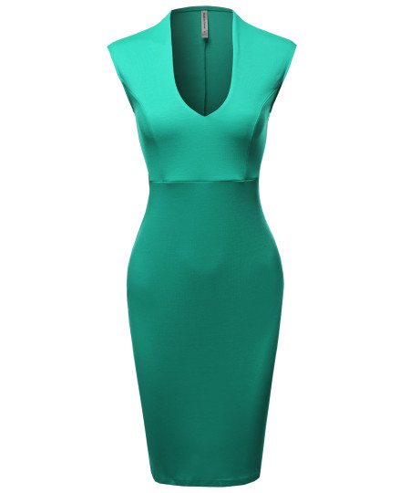 Women's Elegant Solid Scoop Necked Slit in Back For a Chic Finish Pencil Midi Dress