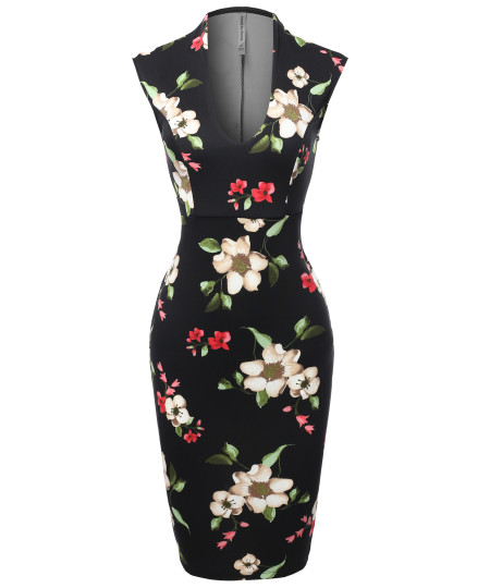 Women's Scuba Floral Print Sleeveless Front U Neckline Cocktail Party Midi Dress