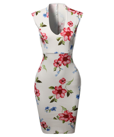 Women's Scuba Floral Print Sleeveless Front U Neckline Cocktail Party Midi Dress