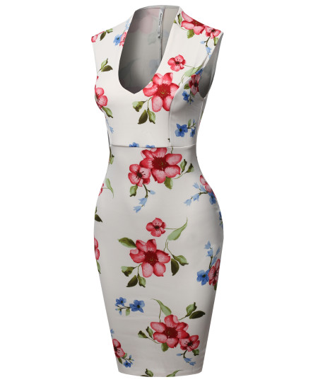 Women's Scuba Floral Print Sleeveless Front U Neckline Cocktail Party Midi Dress