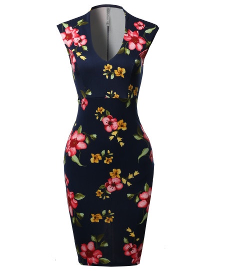 Women's Scuba Floral Print Sleeveless Front U Neckline Cocktail Party Midi Dress