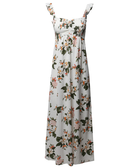 Women's Crepe Rose Printed Smocking Long Dress with Ruffled Flutter Straps