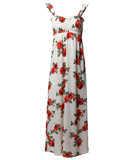 Women's Crepe Rose Printed Smocking Long Dress with Ruffled Flutter Straps