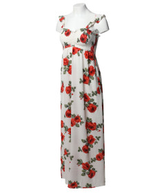 Women's Crepe Rose Printed Smocking Long Dress with Ruffled Flutter Straps