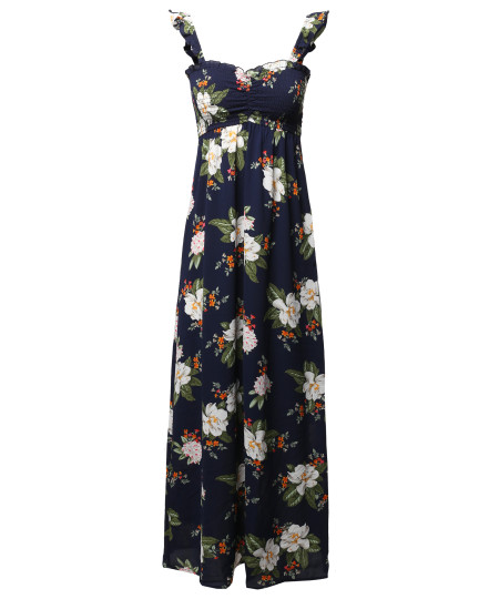 Women's Crepe Rose Printed Smocking Long Dress with Ruffled Flutter Straps