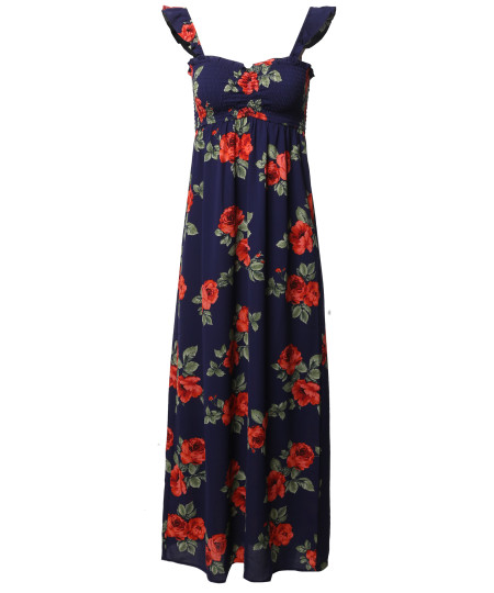 Women's Crepe Rose Printed Smocking Long Dress with Ruffled Flutter Straps