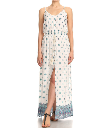 Women's Casual Border Print Button Trim Waist Tassels Front and Side Slits Maxi Dress