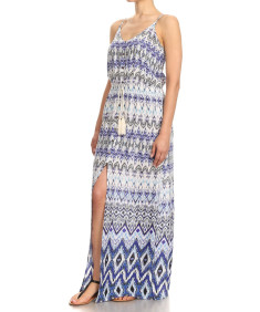 Women's Casual Abstract Print  Button Trim Waist Tassels Front and Side Slits Maxi Dress