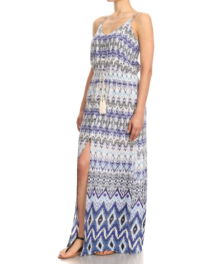 Women's Casual Abstract Print  Button Trim Waist Tassels Front and Side Slits Maxi Dress