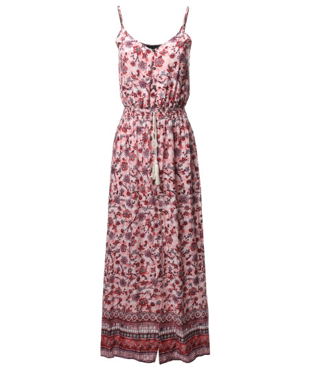 Women's Casual Floral Print Button Trim Waist Tassels Front and Side Slits Maxi Dress