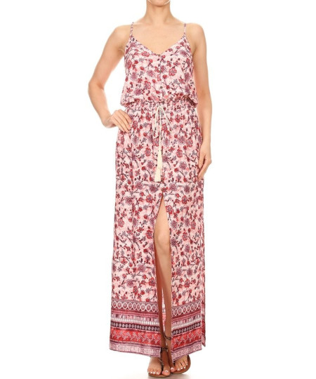 Women's Casual Floral Print Button Trim Waist Tassels Front and Side Slits Maxi Dress