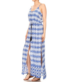 Women's Casual Tie Dye Print Button Trim Waist Tassels Front and Side Slits Maxi Dress