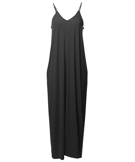 Women's Casual Premium Adjustable Strap Side Pockets Loose Long Maxi Dress