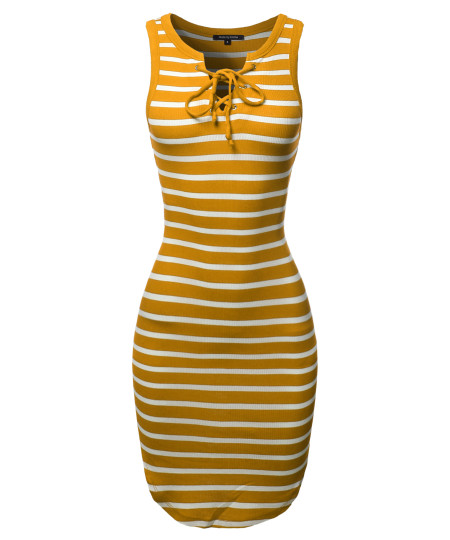 Women's Casual Cute Stretchable Stripe Print Sleeveless Front Lattice Bodycon Dress