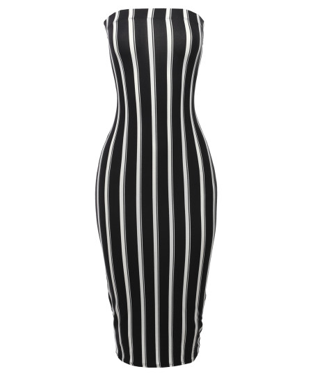 Women's Super Sexy Comfortable Tube Top Bodycon Vertical Strips Midi Dress