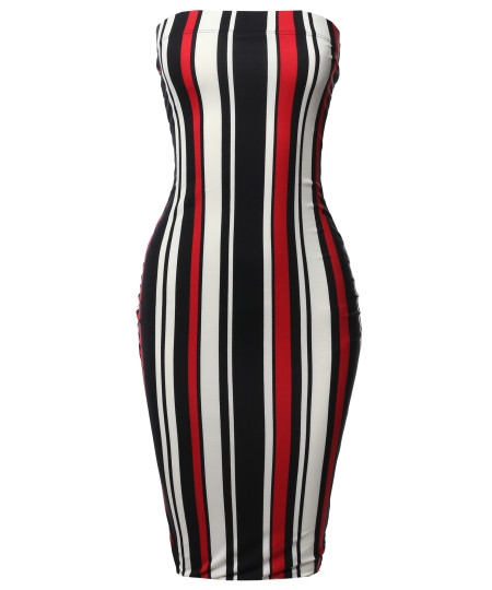 Women's Super Sexy Comfortable Tube Top Bodycon Vertical Strips Midi Dress