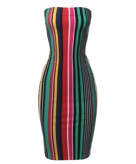 Women's Super Sexy Comfortable Tube Top Bodycon Vertical Strips Midi Dress