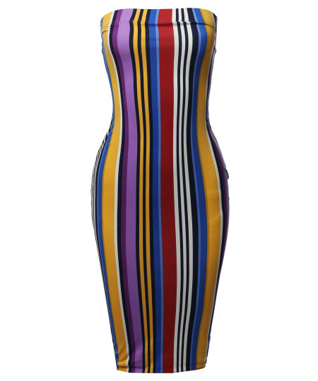 Women's Super Sexy Comfortable Tube Top Bodycon Vertical Strips Midi Dress