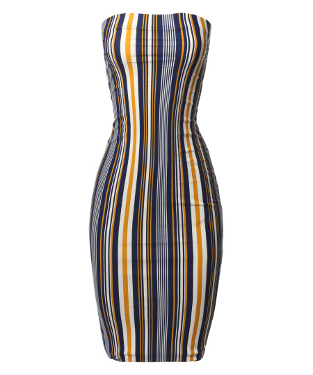 Women's Super Sexy Comfortable Tube Top Bodycon Vertical Strips Midi Dress