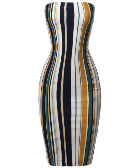 Women's Super Sexy Comfortable Tube Top Bodycon Vertical Strips Midi Dress