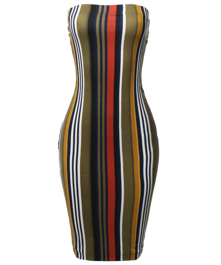 Women's Super Sexy Comfortable Tube Top Bodycon Vertical Strips Midi Dress