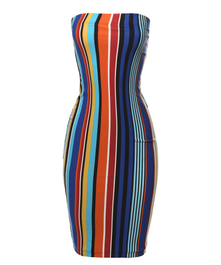 Women's Super Sexy Comfortable Tube Top Bodycon Vertical Strips Midi Dress