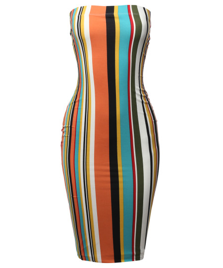 Women's Super Sexy Comfortable Tube Top Bodycon Vertical Strips Midi Dress