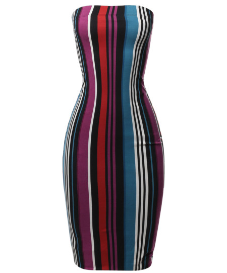 Women's Super Sexy Comfortable Tube Top Bodycon Vertical Strips Midi Dress