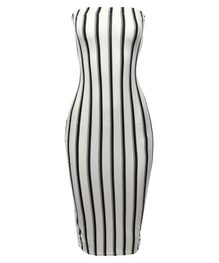 Women's Super Sexy Comfortable Tube Top Bodycon Vertical Strips Midi Dress