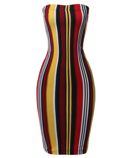 Women's Super Sexy Comfortable Tube Top Bodycon Vertical Strips Midi Dress
