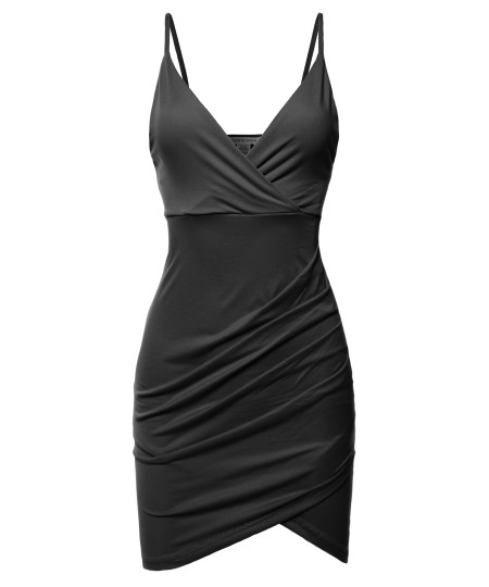 Women's Sexy Premium Fabric  Stretch Cami Straps Front Tulip Hem Plunging  V-neck Dress