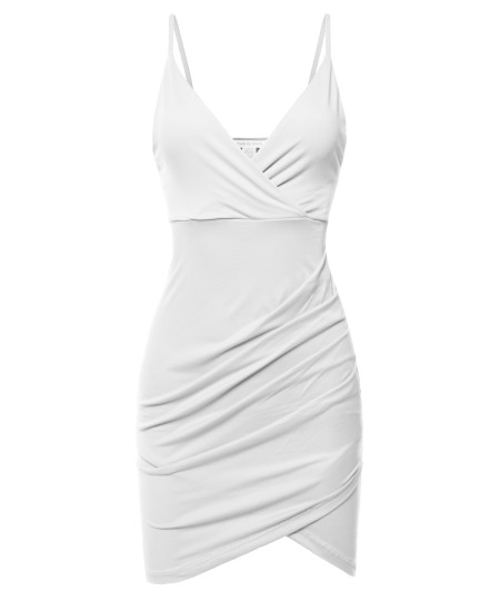 Women's Sexy Premium Fabric  Stretch Cami Straps Front Tulip Hem Plunging  V-neck Dress