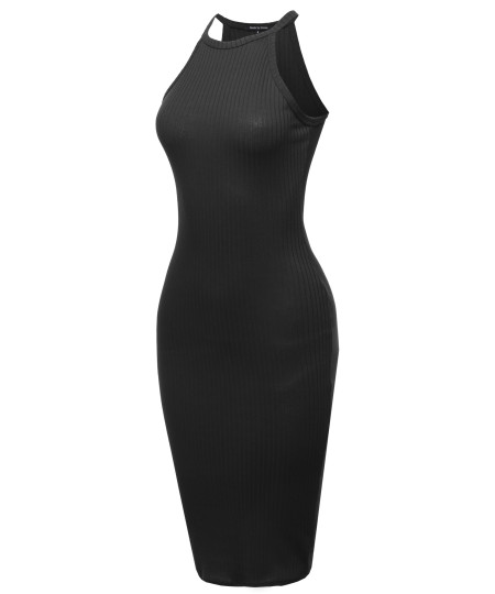 Women's Sexy Solid Sleeveless Stretch Cocktail Party Ribbed Body-Con Dress