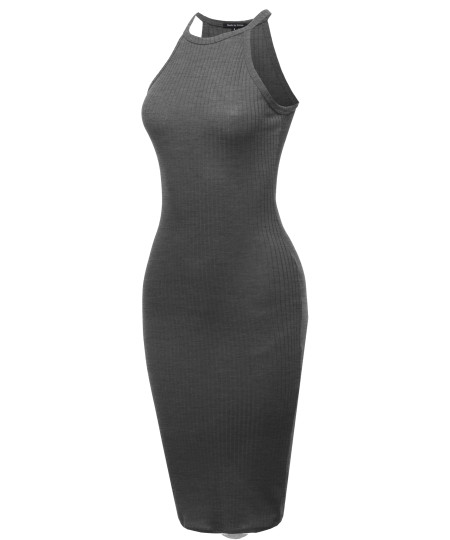 Women's Sexy Solid Sleeveless Stretch Cocktail Party Ribbed Body-Con Dress